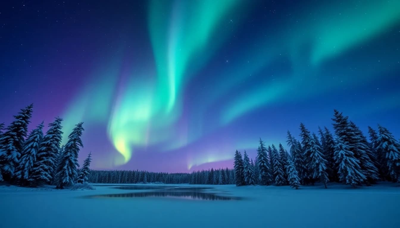 Landscape AI art - Northern lights aurora borealis over a frozen lake with perf