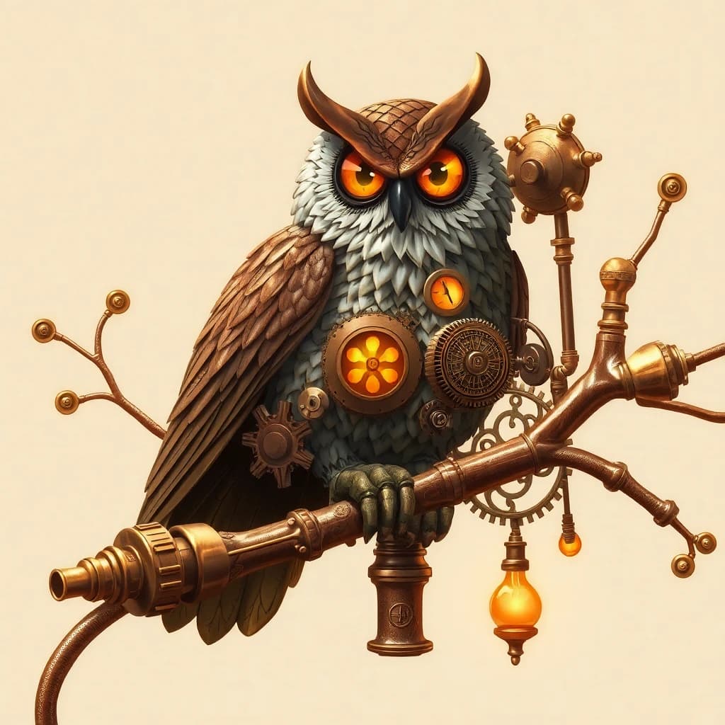 Steampunk AI art - A steampunk-inspired mechanical owl perched on a brass clock